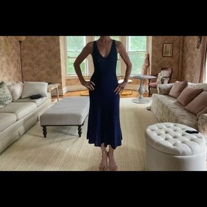 Ralph Lauren navy crochet beaded tea length gown.
